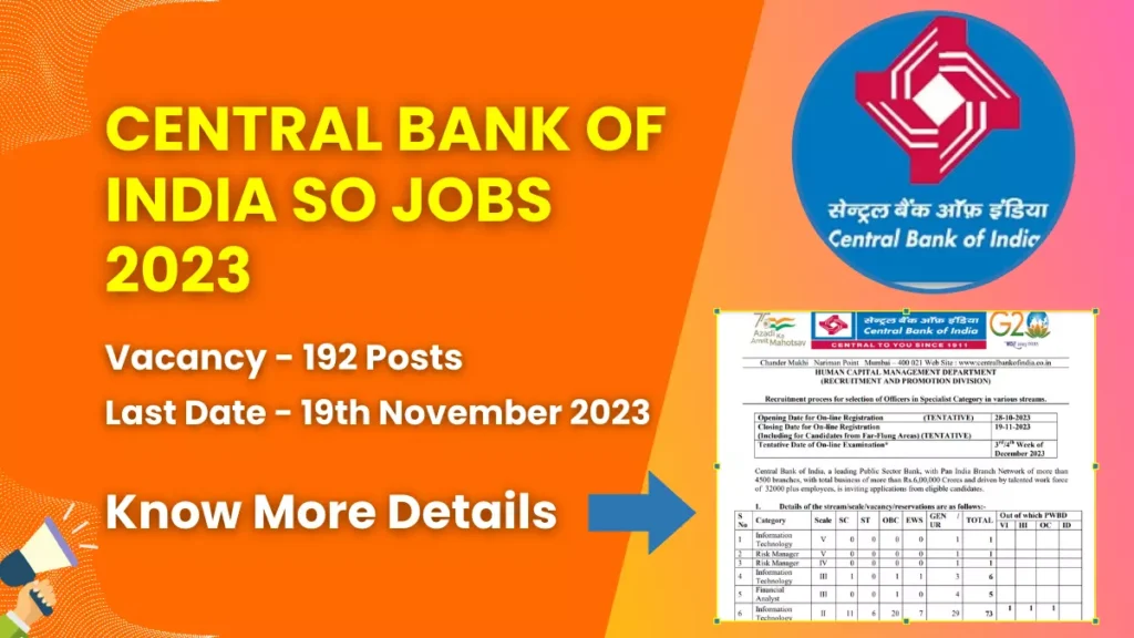 Central Bank of India SO Jobs 2023