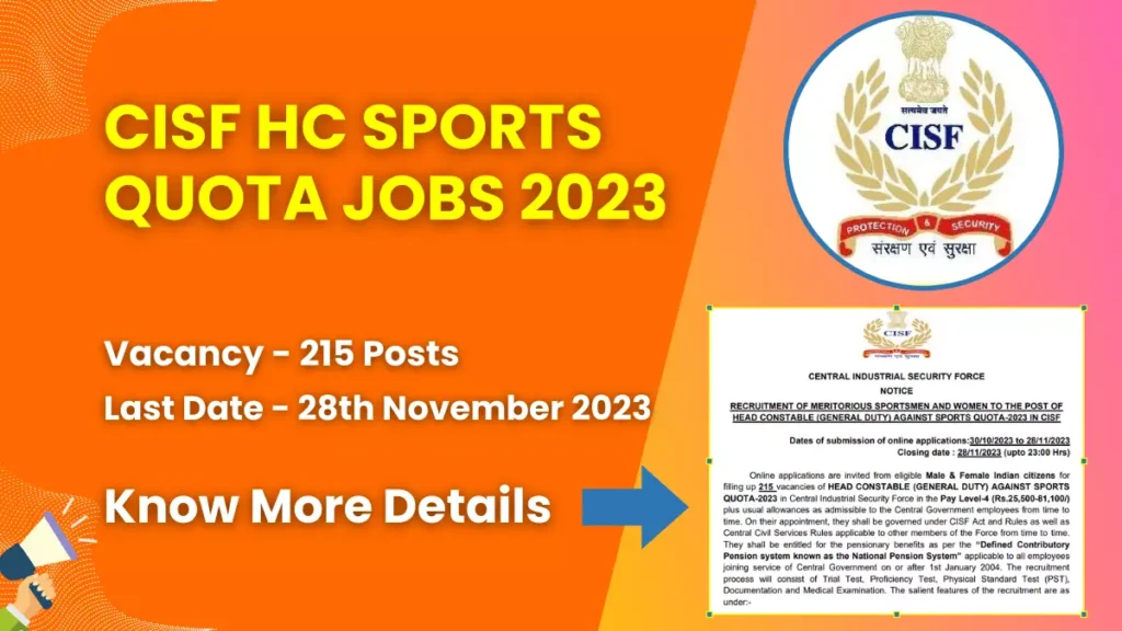 CISF HC Sports Quota Jobs 2023