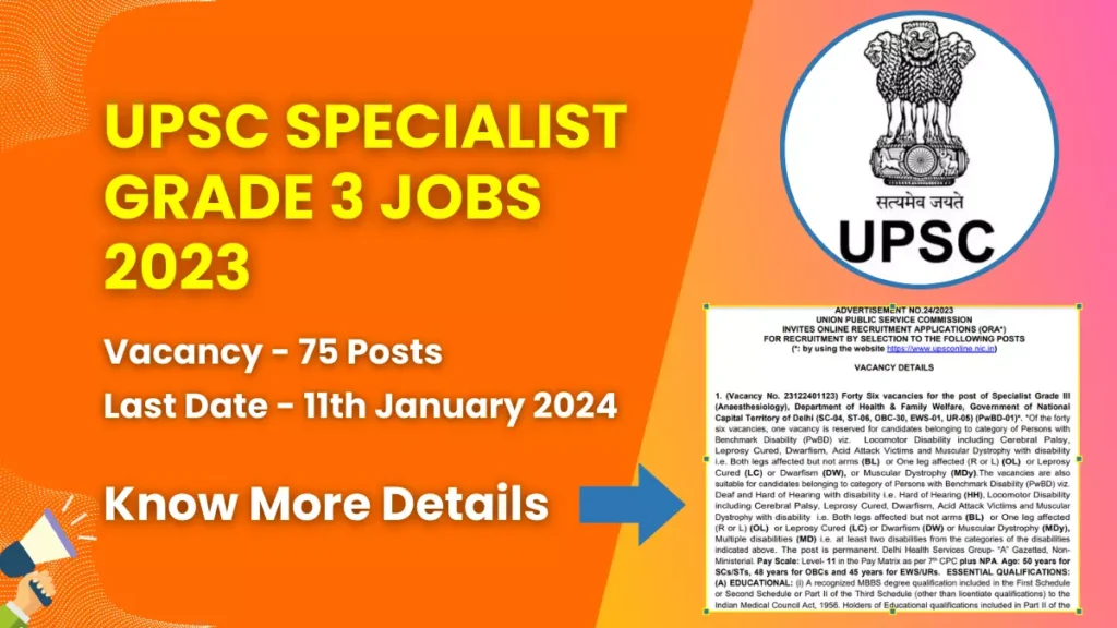 UPSC Specialist Grade 3 Jobs 2023