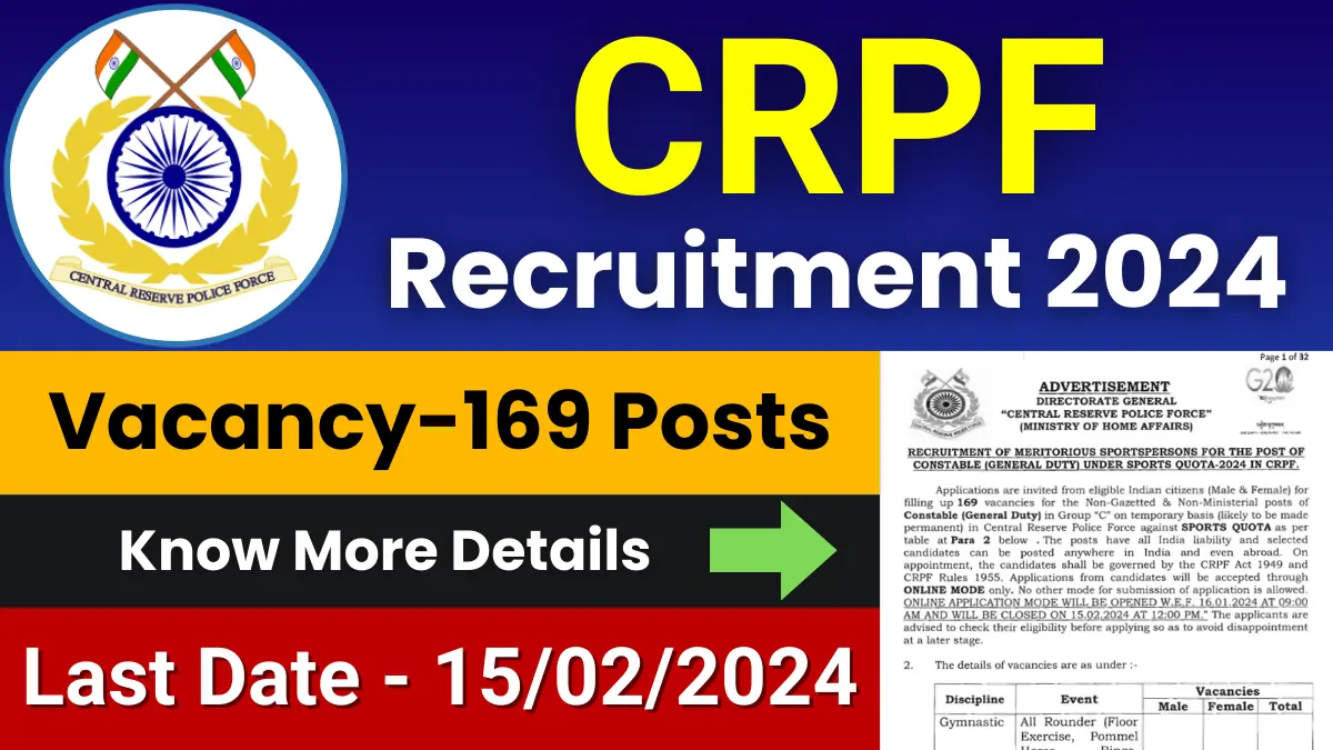 CRPF Recruitment 2024 for 169 Posts | Check Eligibility, How to Apply, and More 1 CRPF Recruitment 2024